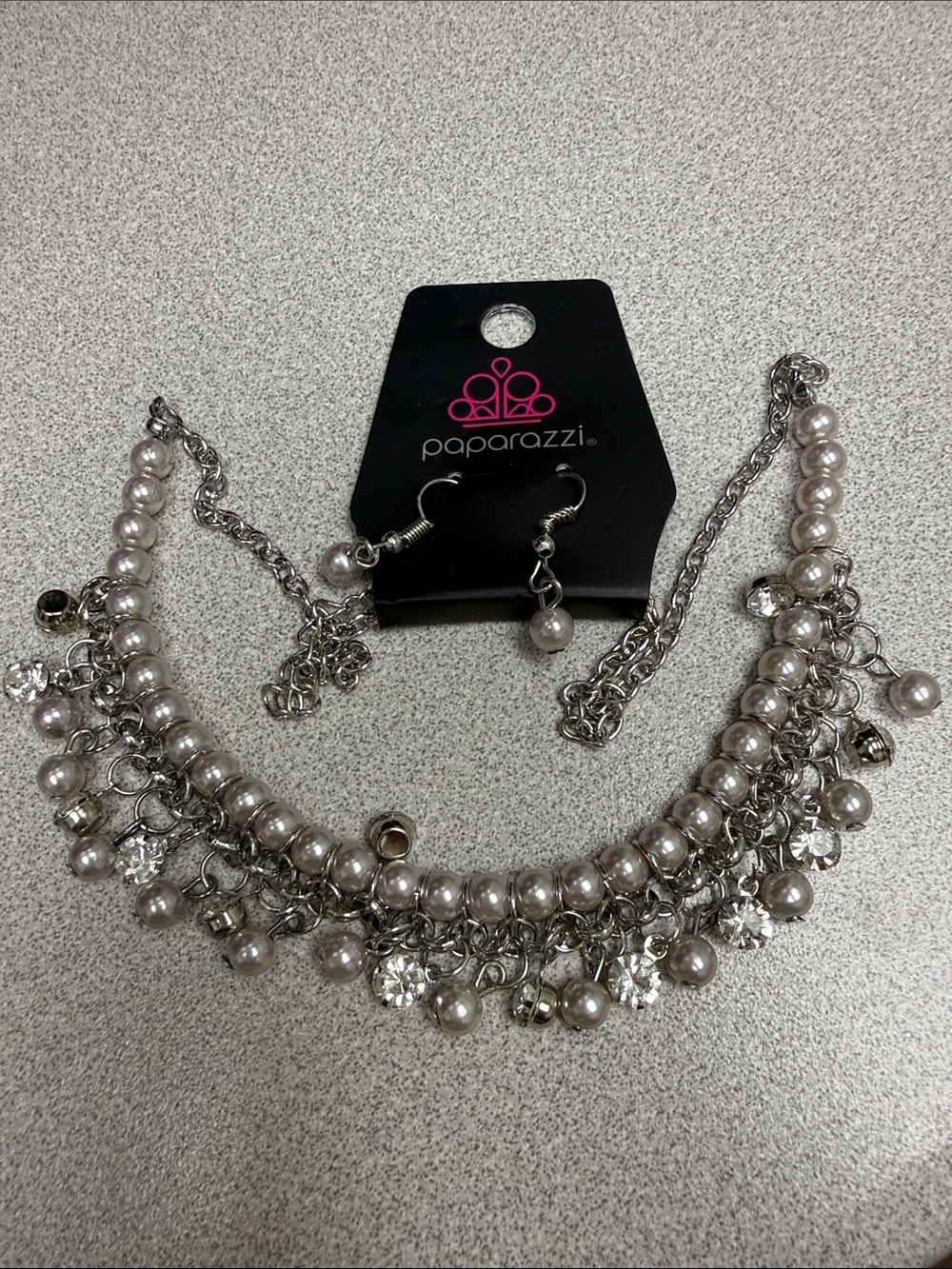 Paparazzi Silver Pearl & Crystal Statement Necklace with Matching Earrings